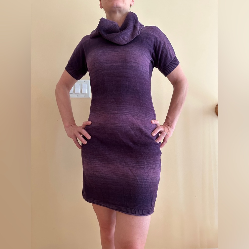 Stretchy purple heathered sweater dress with cowl neck, like new no rips/stain